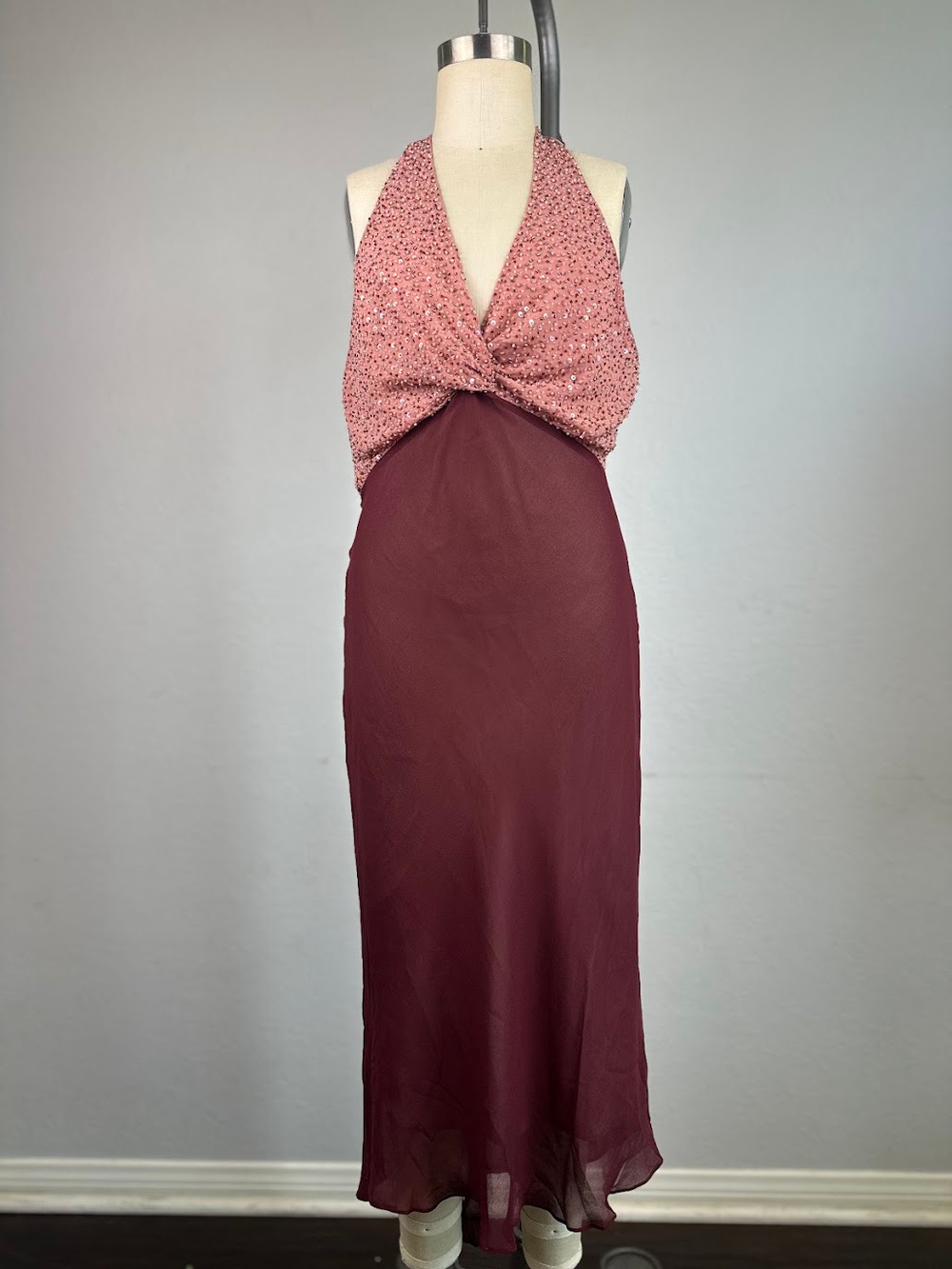 Pink Beaded Halter Maxi Fairy Dress Burgundy Chiffon Y2K Formal Size 6